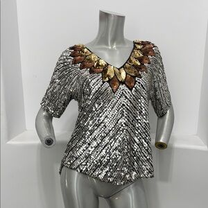 Joseph Le Bon Vintage Silver Gold Sequin Silk Blouse Top Shirt Sleeve Size S